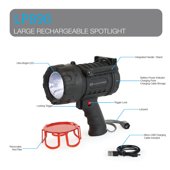 Luxpro 2000 Lumen Rechargeable LED Spotlight with Power Bank
