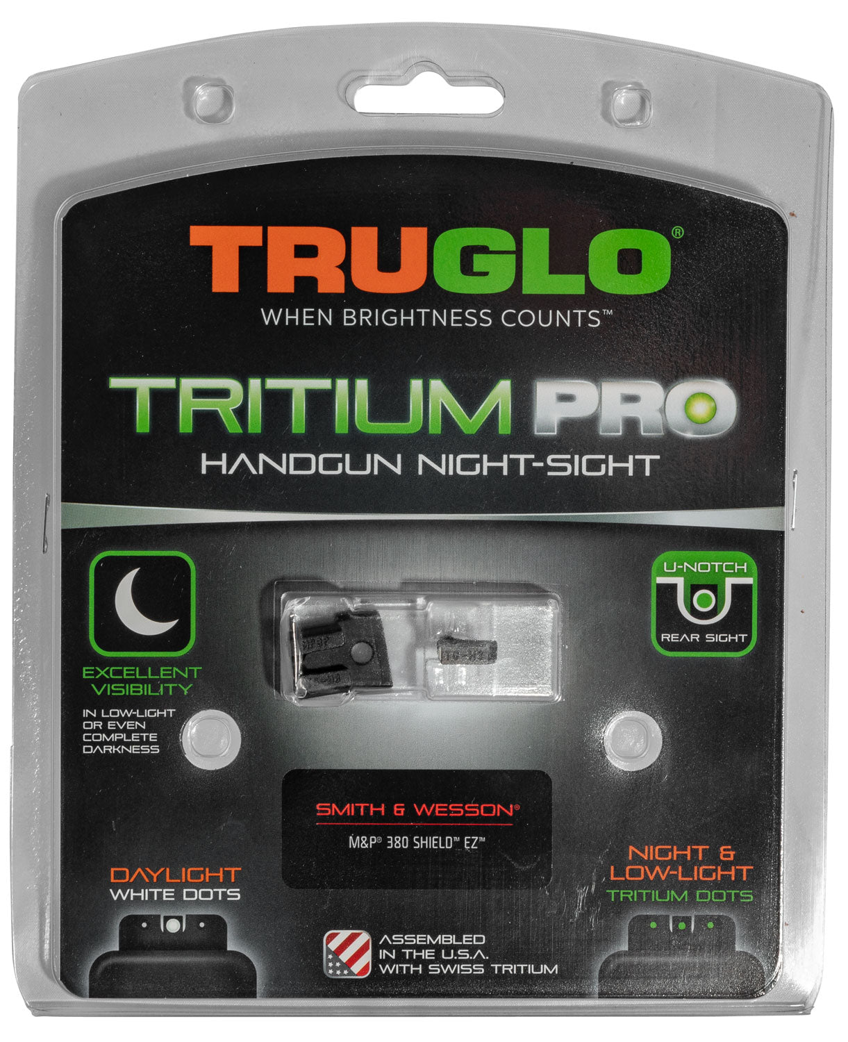 TruGlo S&W M&P 380 Shield EZ Tritium Pro Black | Green Tritium White Outline Front Sight Green Tritium Rear Sight