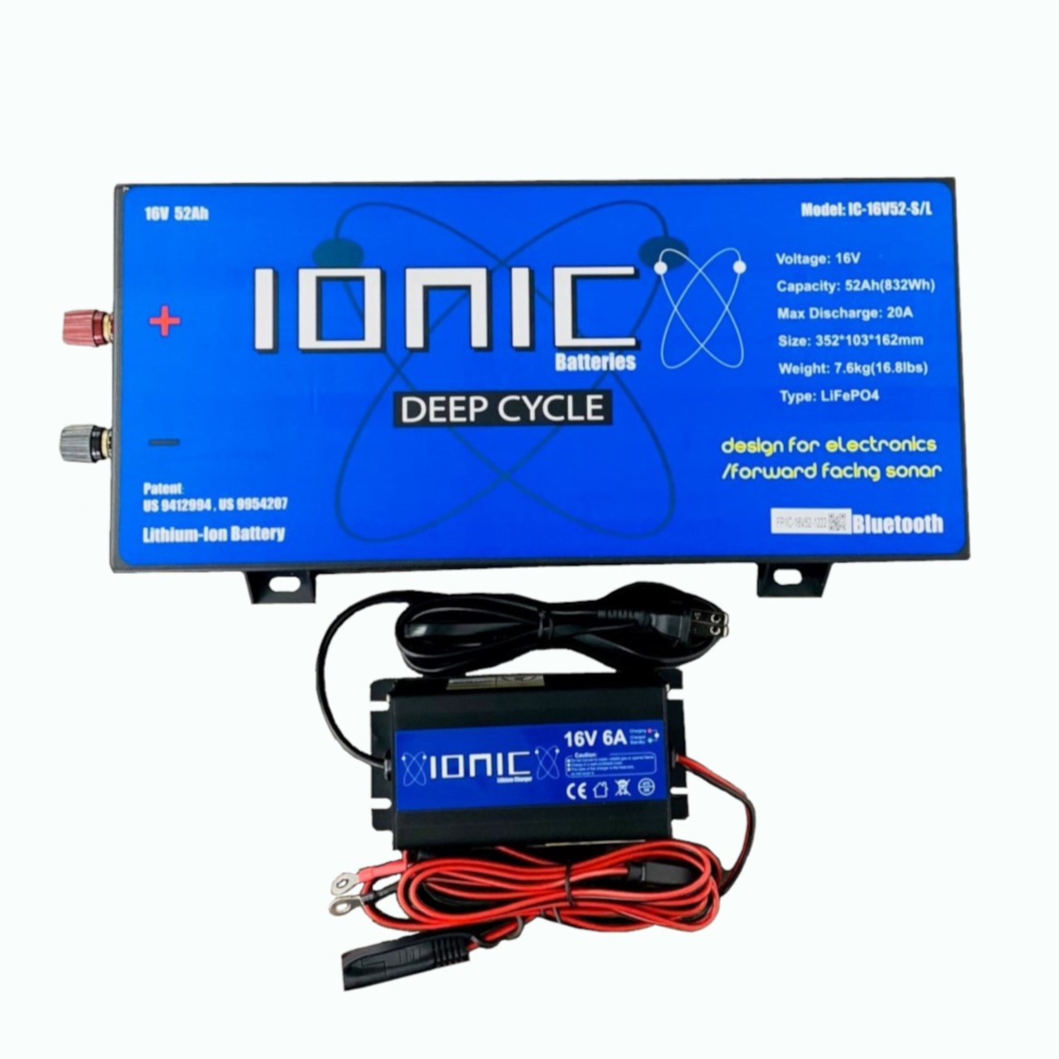Ionic Lithium 16V 52Ah Marine Electronics / Sonar LiFePO4 Battery + 16V Charger