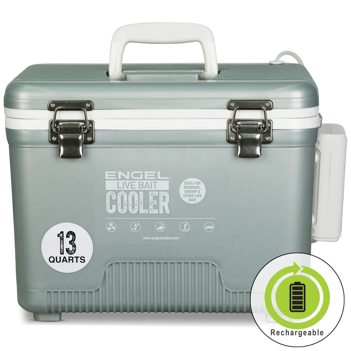 Engel Live Bait Cooler Silver W/ Net, SS Hinge, AP3 Pump