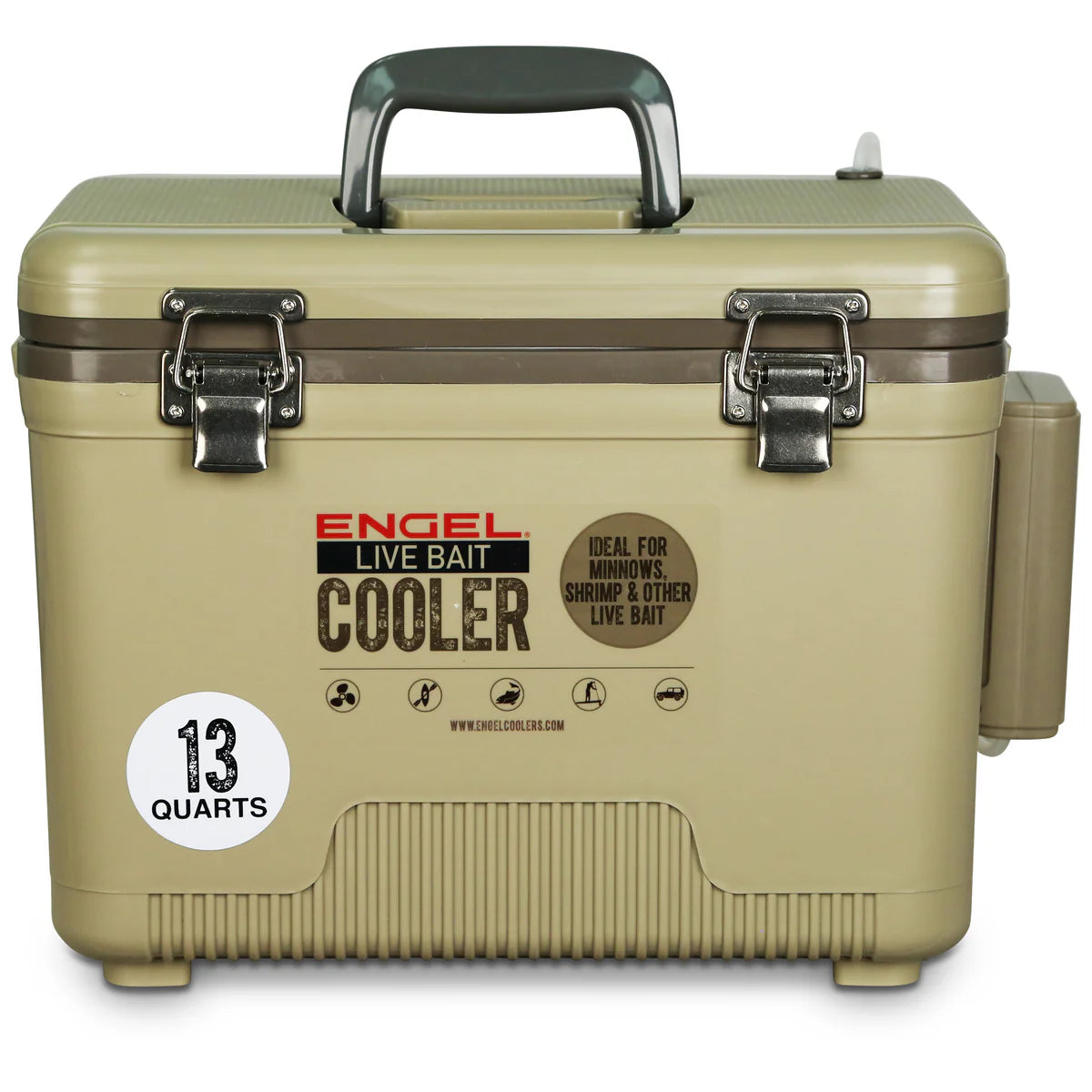 Engel Live Bait Cooler Tan W/ Net, SS Hinge, AP3 Pump