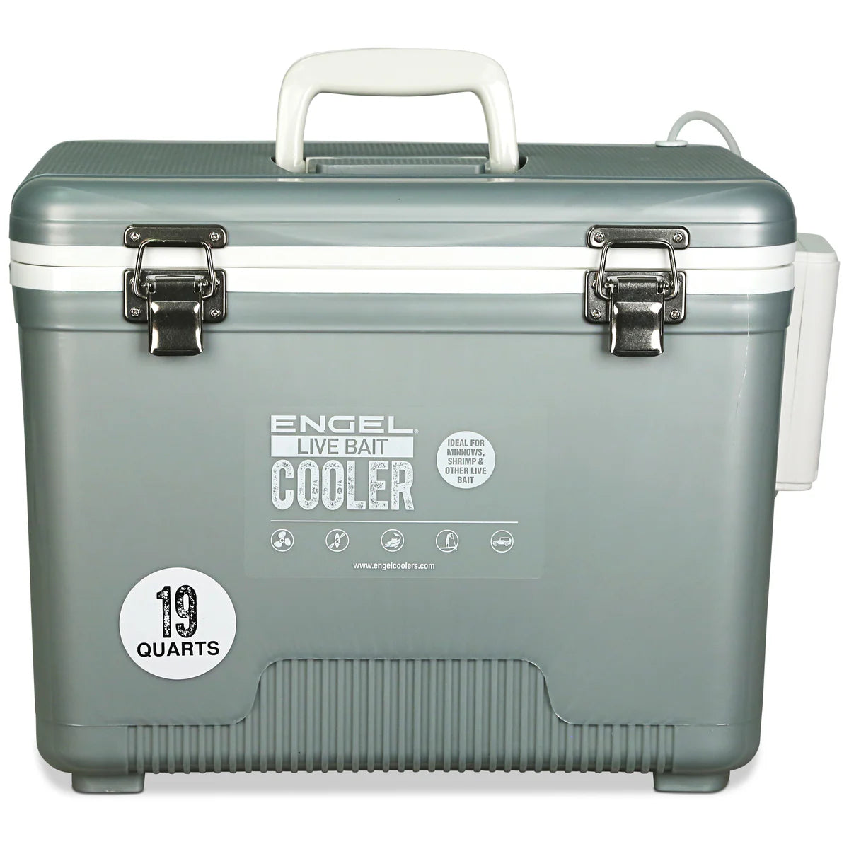 Engel Live Bait Cooler Silver W/ Pull Net, SS Hinge, AP3 Pump
