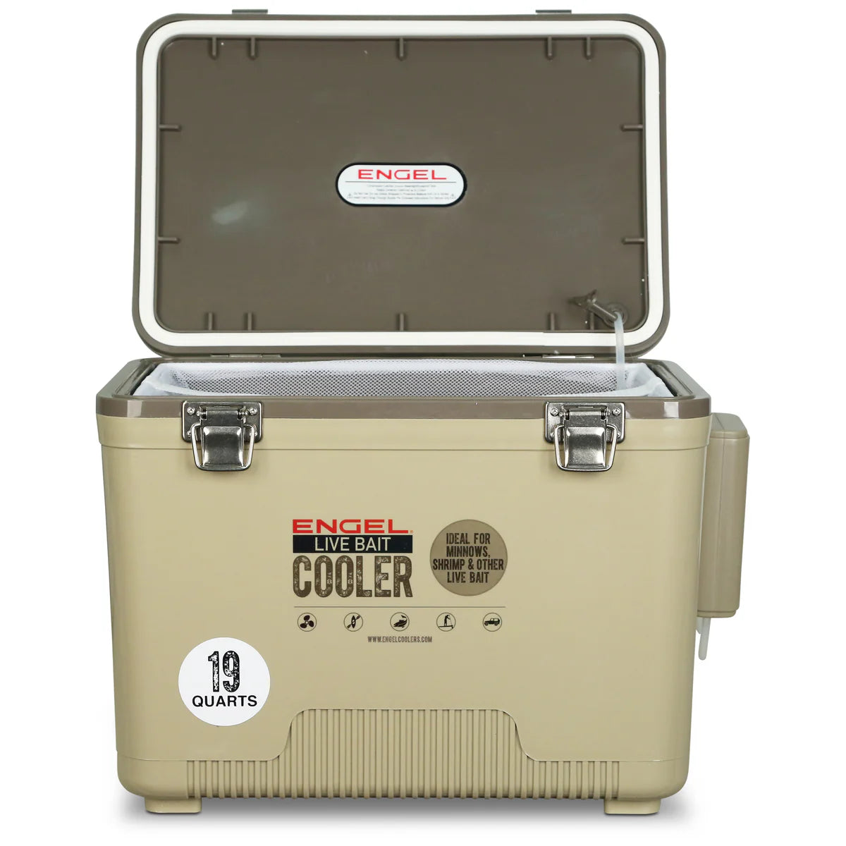 Engel Live Bait Cooler Tan W/ Net, SS Hinge, AP3 Pump additional view 2