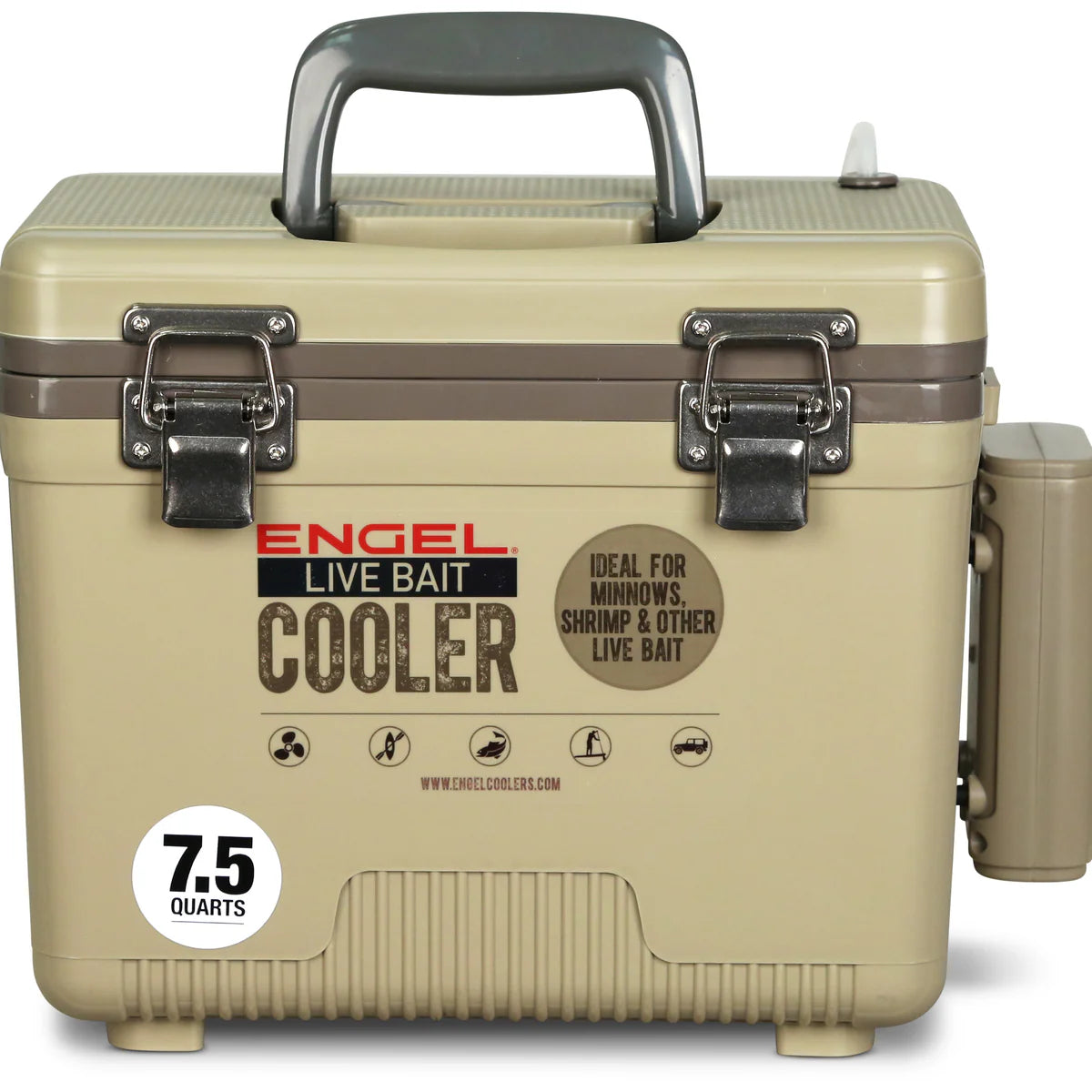 Engel Live Bait Cooler Tan W/ Net, SS Hinge, AP3 Pump