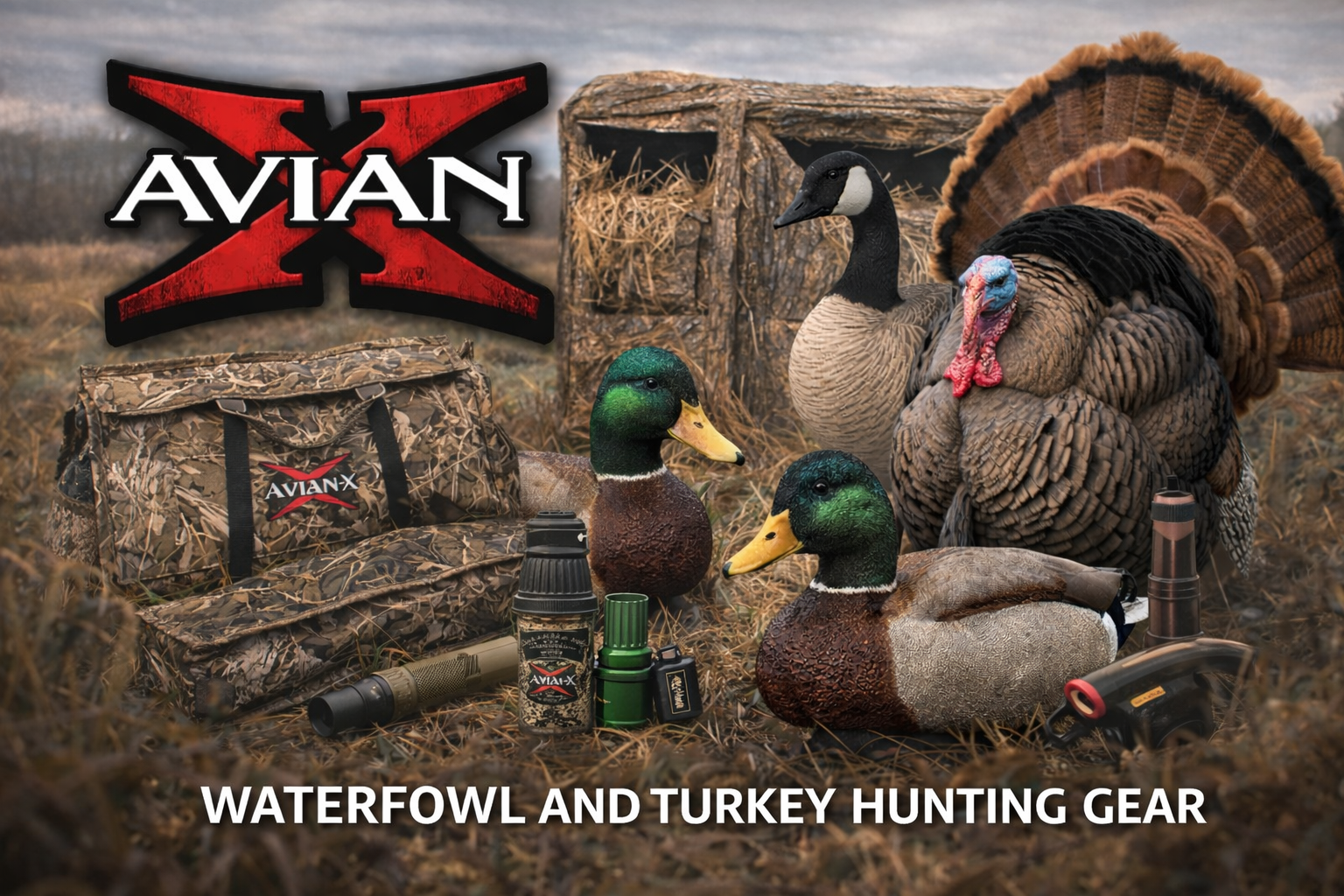 Avian-X waterfowl and turkey hunting gear including duck and goose decoys, hunting calls, blinds, and accessories collection banner