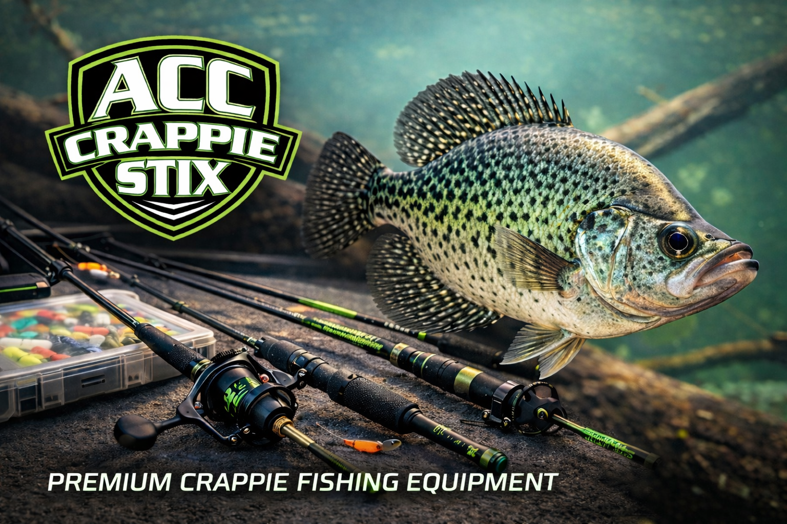 ACC Crappie Stix premium crappie fishing rods and gear with logo and crappie fish collection image