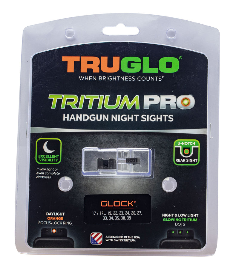 Truglo Glock 20, 21, 25, 29, 30, 31, 32, 37, 40, 41  Tritium Pro Black | Green Tritium Orange Outline Front Sight Green Tritium Rear Sight
