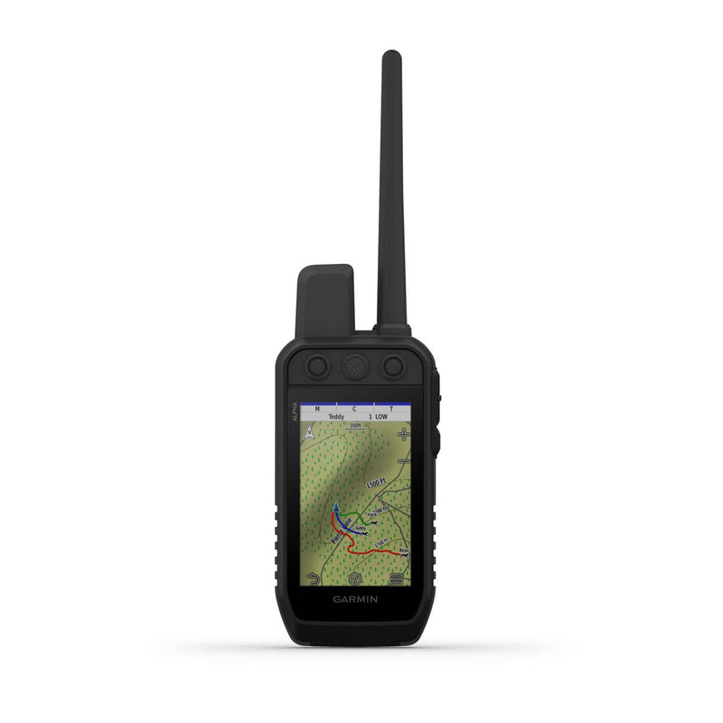 Garmin Alpha 300 GPS dog tracking and training handheld with 3.5-inch color touchscreen, 6-button design, and VHF antenna — tracks up to 20 dogs from 9 miles away