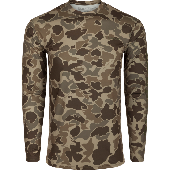 Drake Performance Crew Camo Print LS Old School Timber