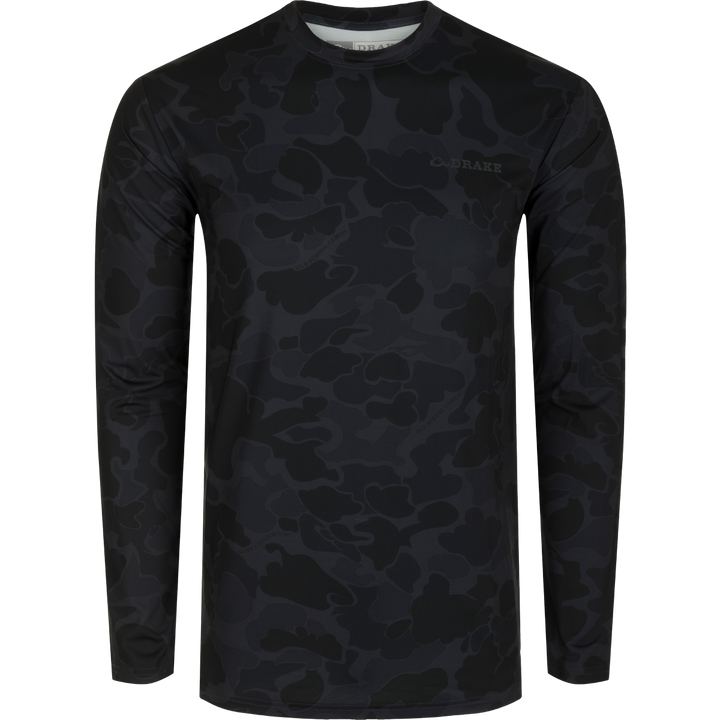 Drake Youth Performance Crew Camo Print LS Old School Black