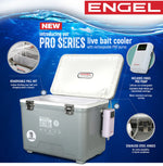 Engel Live Bait Cooler Silver W/ Net, SS Hinge, AP3 Pump