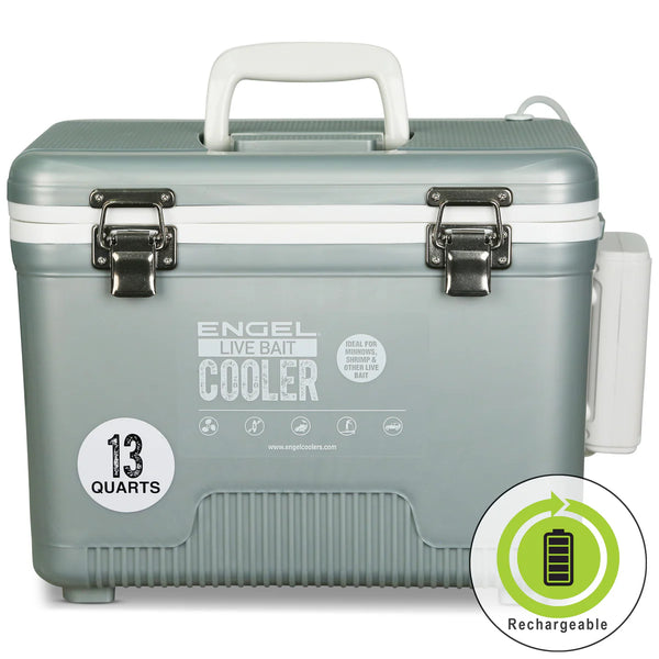Engel Live Bait Cooler Silver W/ Net, SS Hinge, AP3 Pump