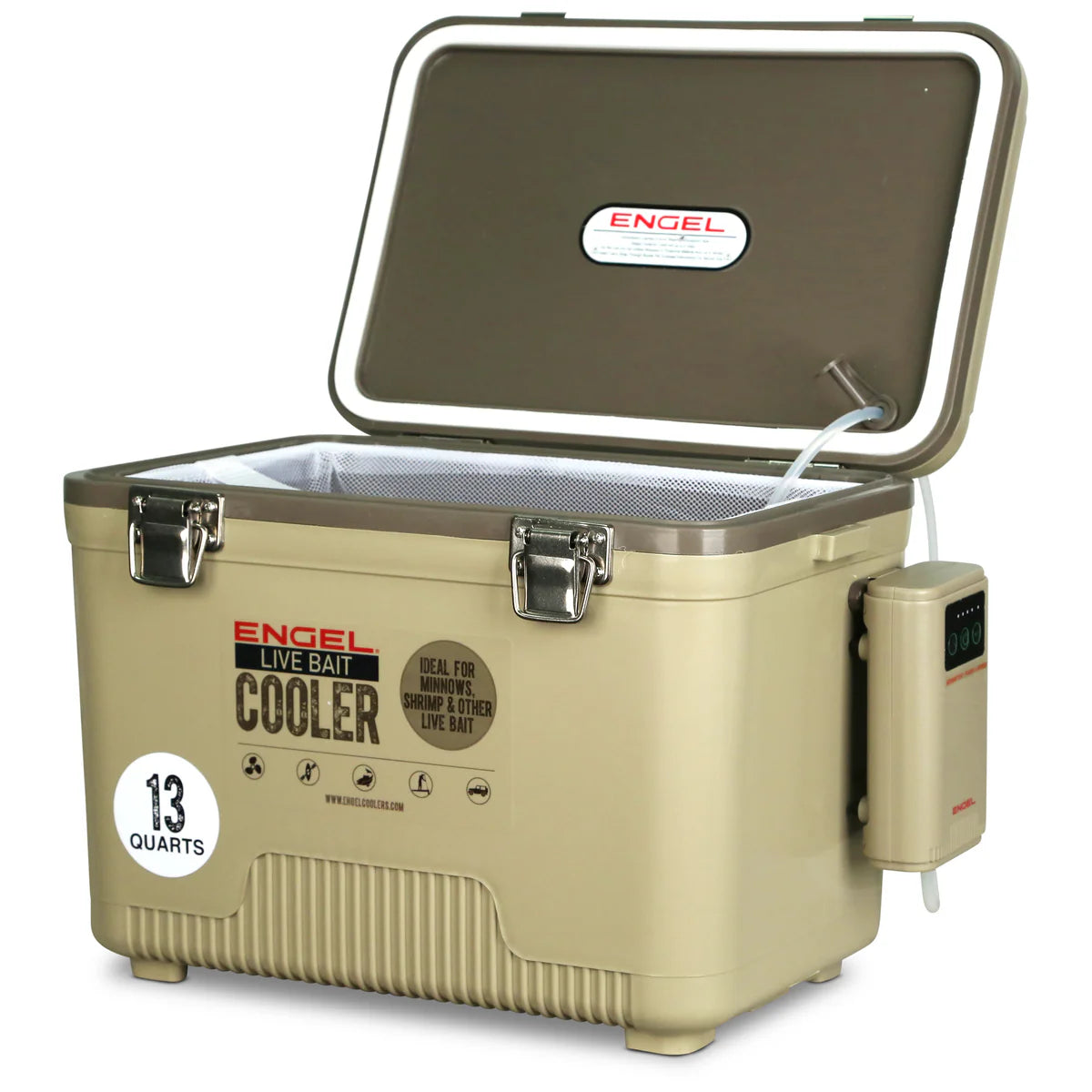Engel Live Bait Cooler Tan W/ Net, SS Hinge, AP3 Pump additional view 2