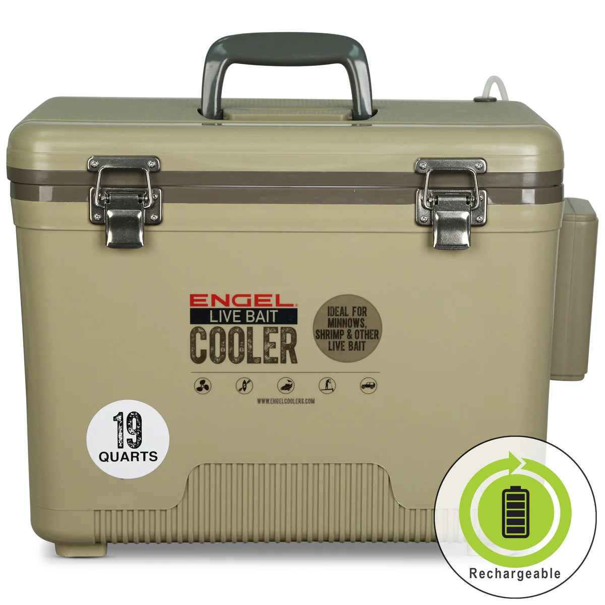 Engel Live Bait Cooler Tan W/ Net, SS Hinge, AP3 Pump