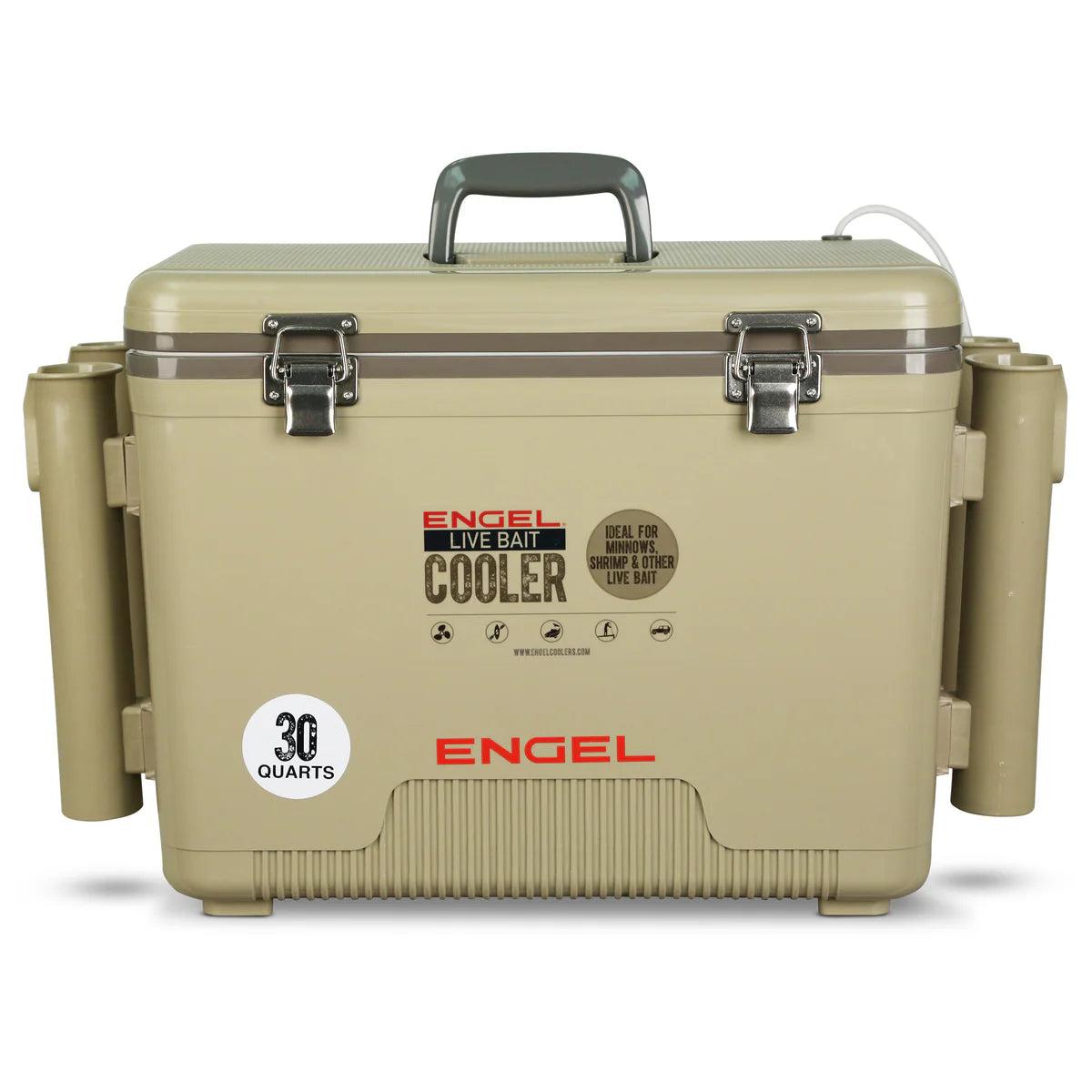 Engel Live Bait Cooler Tan RH W Net, SS Hinge, AP4 Pump
