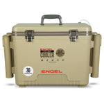 Engel Live Bait Cooler Tan RH W Net, SS Hinge, AP4 Pump