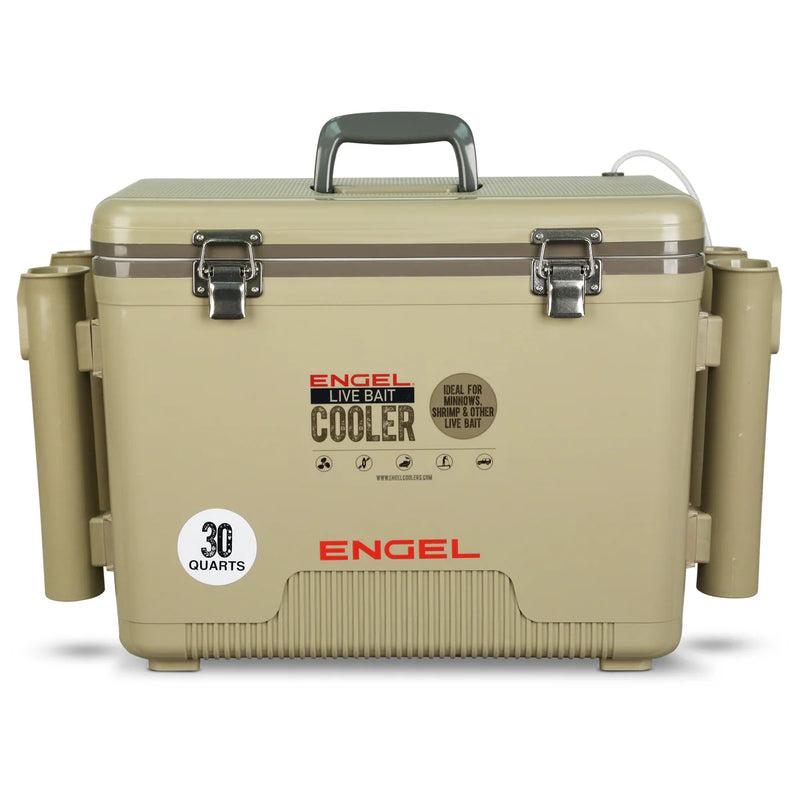 Engel Live Bait Cooler Tan RH W Net, SS Hinge, AP4 Pump