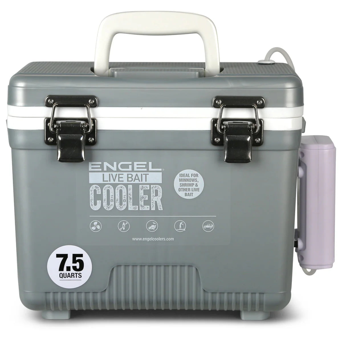 Engel Live Bait Cooler Silver W/ Net, SS Hinge, AP3 Pump