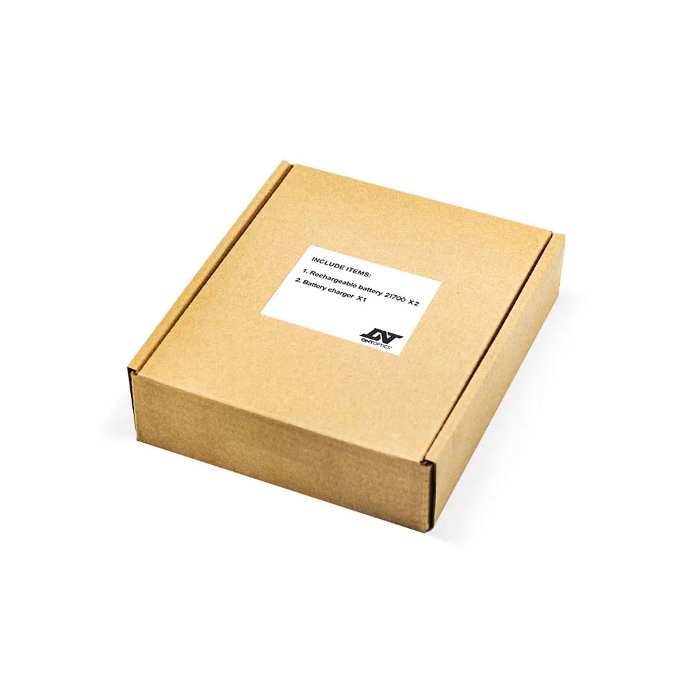 DNT 21700 battery pack with two flat top batteries and charger, view 2
