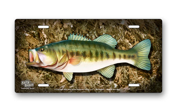 Salty Bones Largemouth Bass On Camo Auto Plate 6" X 12"