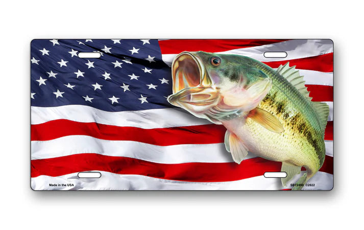 Salty Bones Large Mouth Bass On American Flag Auto Plate 6" X 12"