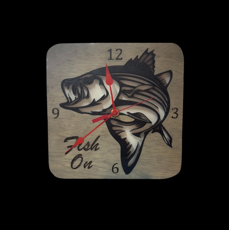 Fish On ClockStriper 9" Gray Rounded Corners