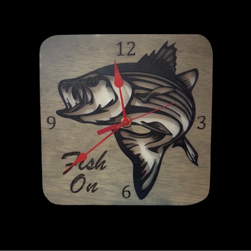 14" Fish On Clock w/ Striper Gray Rounded Corners