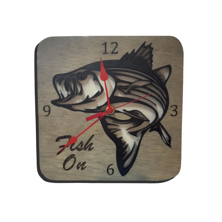 14" Fish On Clock W/ Striper Gray Rounded Corners