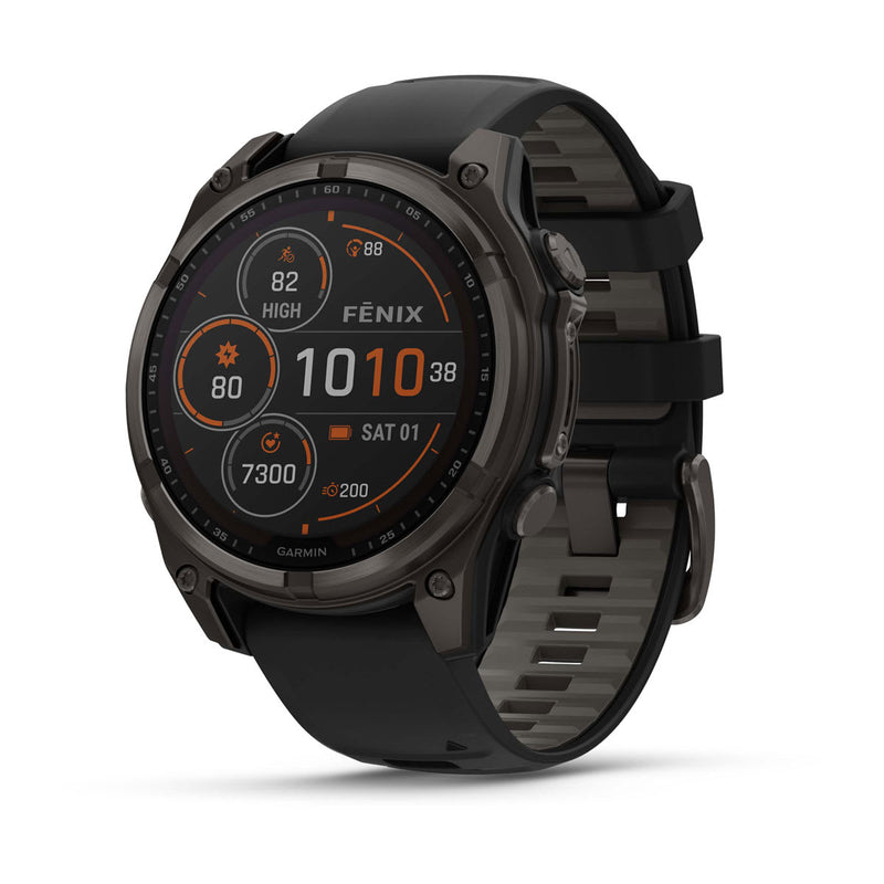 Garmin Fenix 8 Solar Outdoor Smartwatch - 47mm, Sapphire Carbon Gray DLC Titanium with Black/Pebble Gray Silicone