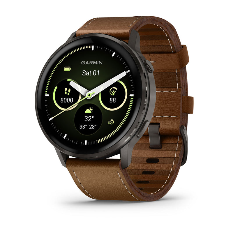 Garmin Venu 4 45mm demo smartwatch, Slate bezel with black silicone and brown leather bands