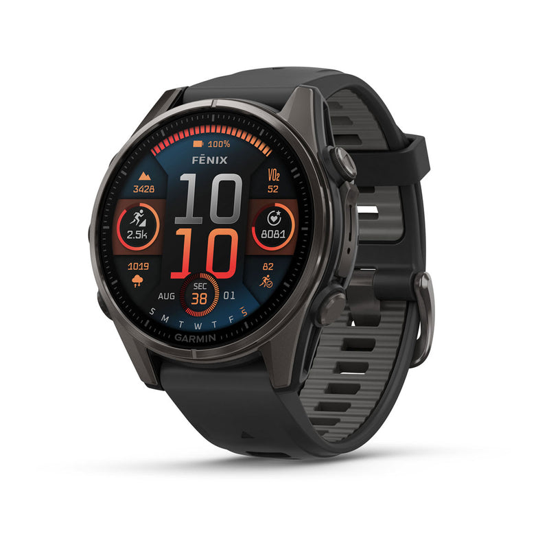 Garmin Fenix 8 AMOLED Outdoor Smartwatch - 43mm, Sapphire Carbon Gray DLC Titanium with Black/Pebble Gray Silicone
