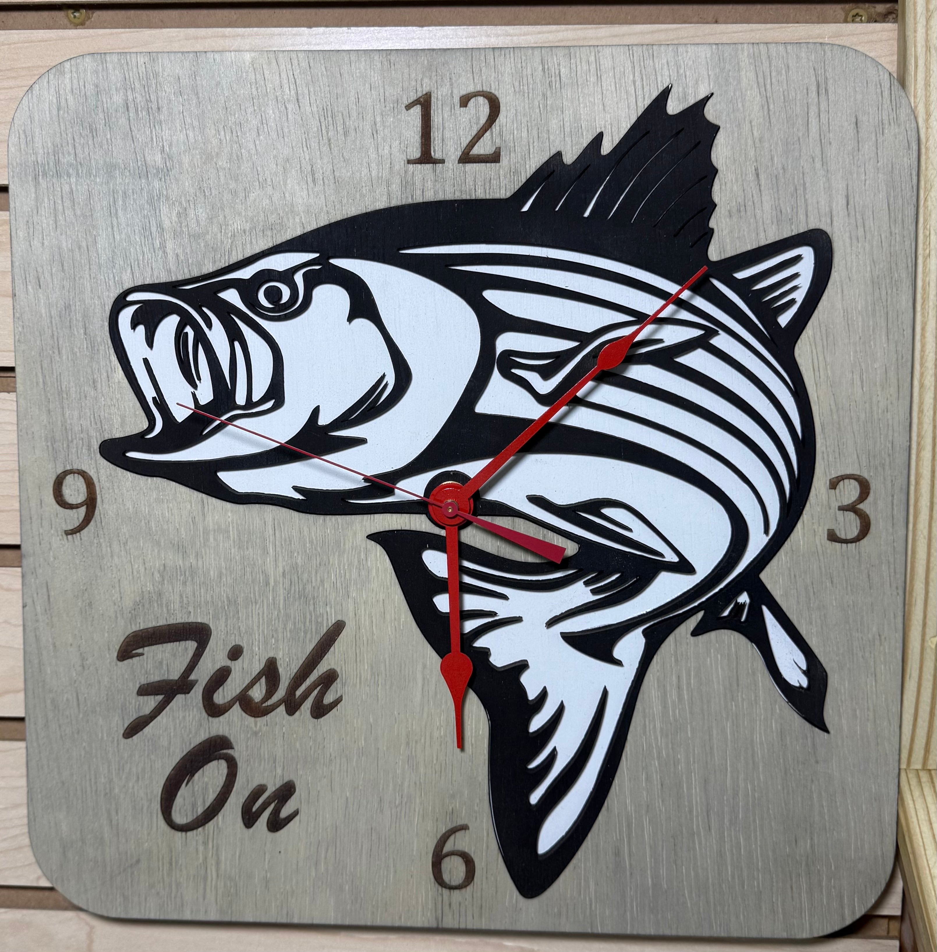 Fish On Clock Striper 14" Gray Rounded Corners