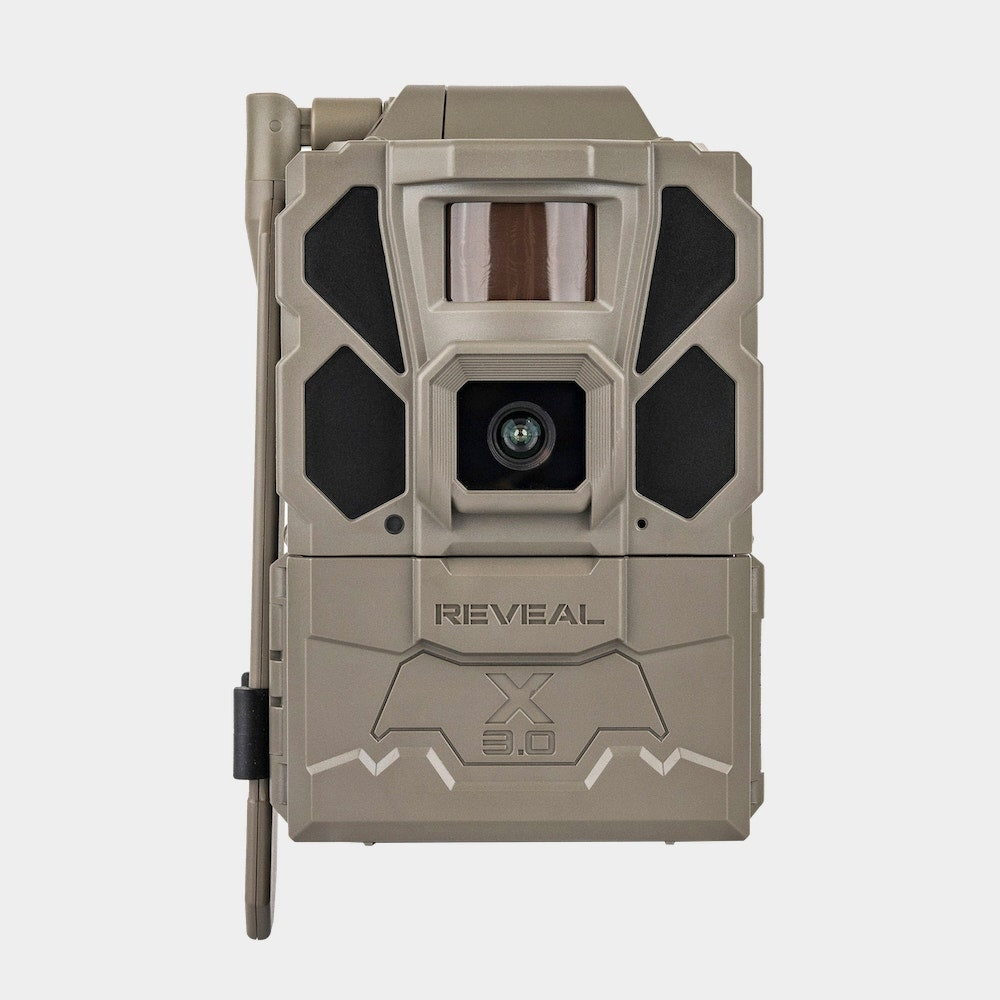 Tactacam Reveal X 3.0 Gen 3 cellular trail camera, straight-on front view with antenna