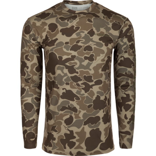 Drake Performance Crew Camo Print LS Old School Timber
