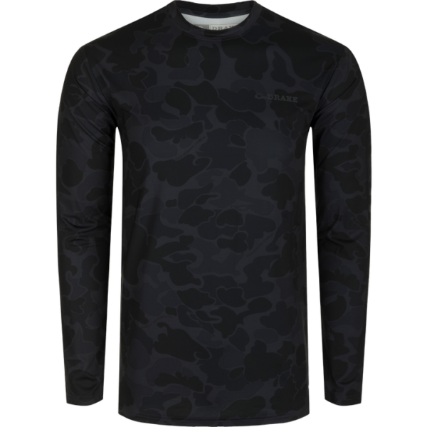 Drake Youth Performance Crew Camo Print LS Old School Black